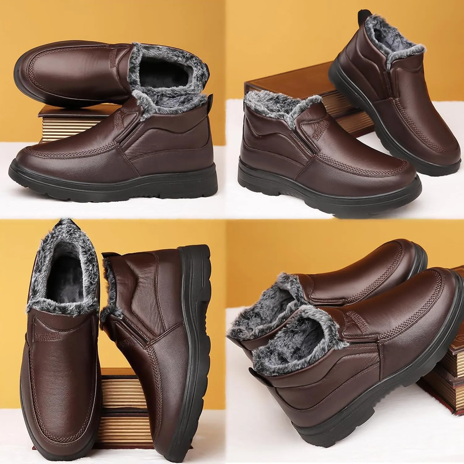 Men's Leather Warm Fur Lined Slip On Snow Boots Winter Hand Stitching Low Top Anti-Slip Outdoor Water Resistant Sneakers Boots Lightweight Casual Walking Loafers Shoes