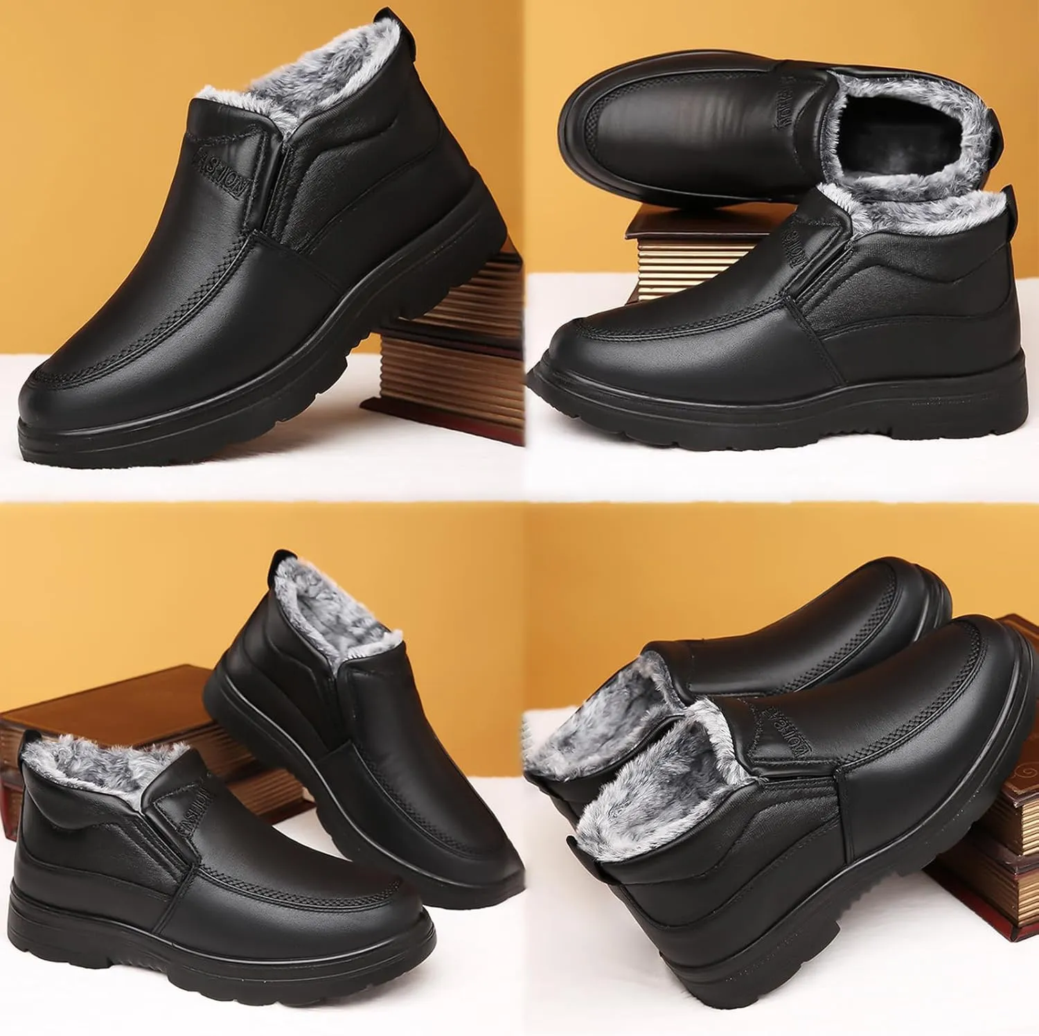 Men's Leather Warm Fur Lined Slip On Snow Boots Winter Hand Stitching Low Top Anti-Slip Outdoor Water Resistant Sneakers Boots Lightweight Casual Walking Loafers Shoes