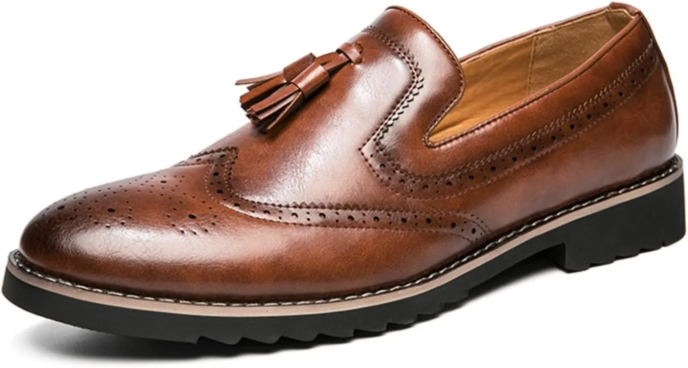 Mens Retro Brogue Leather Tassels Slip-On Dress Loafers Round Toe Non-Slip Low Top Casual Wingtip Shoes for Formal Business Wedding