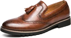 Mens Retro Brogue Leather Tassels Slip-On Dress Loafers Round Toe Non-Slip Low Top Casual Wingtip Shoes for Formal Business Wedding