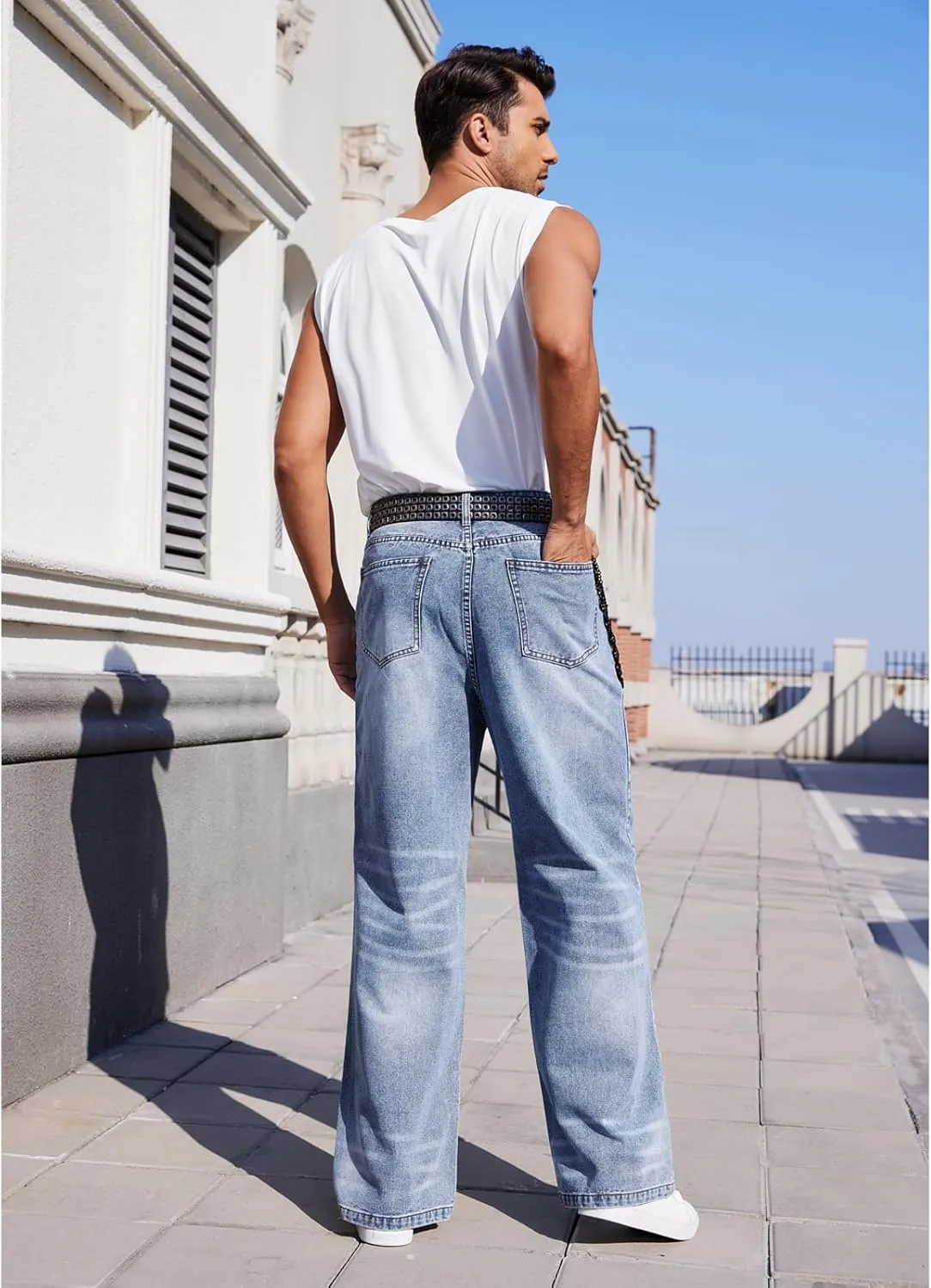 Men's Ripped Baggy Jeans Hip Hop Loose Fit Distressed Wide Leg Denim Pants Streetwear