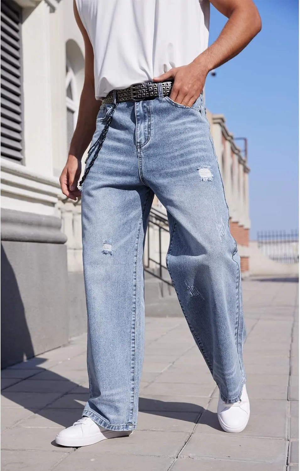 Men's Ripped Baggy Jeans Hip Hop Loose Fit Distressed Wide Leg Denim Pants Streetwear