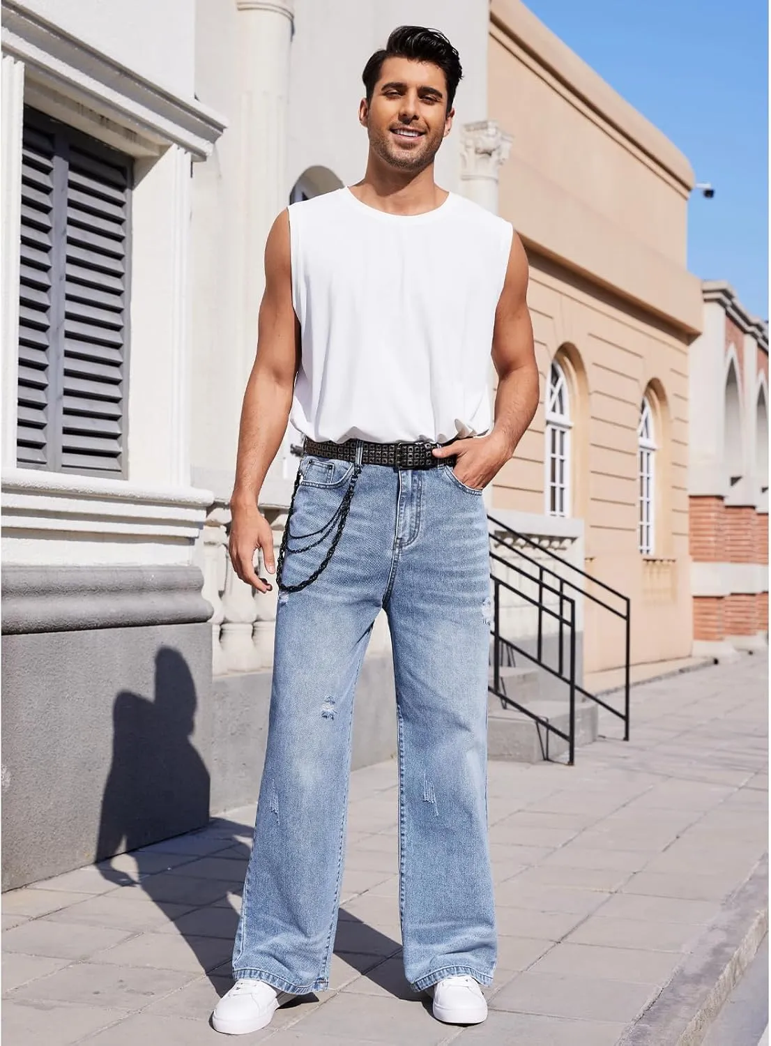 Men's Ripped Baggy Jeans Hip Hop Loose Fit Distressed Wide Leg Denim Pants Streetwear