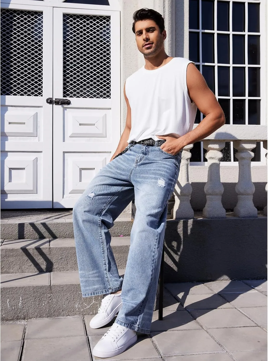 Men's Ripped Baggy Jeans Hip Hop Loose Fit Distressed Wide Leg Denim Pants Streetwear