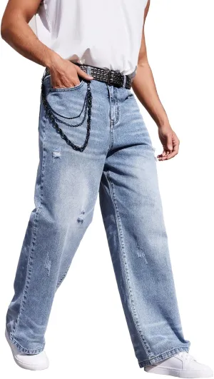 Men's Ripped Baggy Jeans Hip Hop Loose Fit Distressed Wide Leg Denim Pants Streetwear