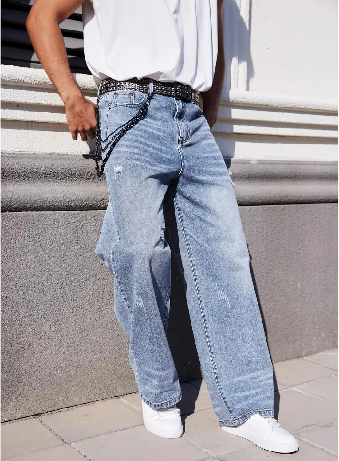 Men's Ripped Baggy Jeans Hip Hop Loose Fit Distressed Wide Leg Denim Pants Streetwear