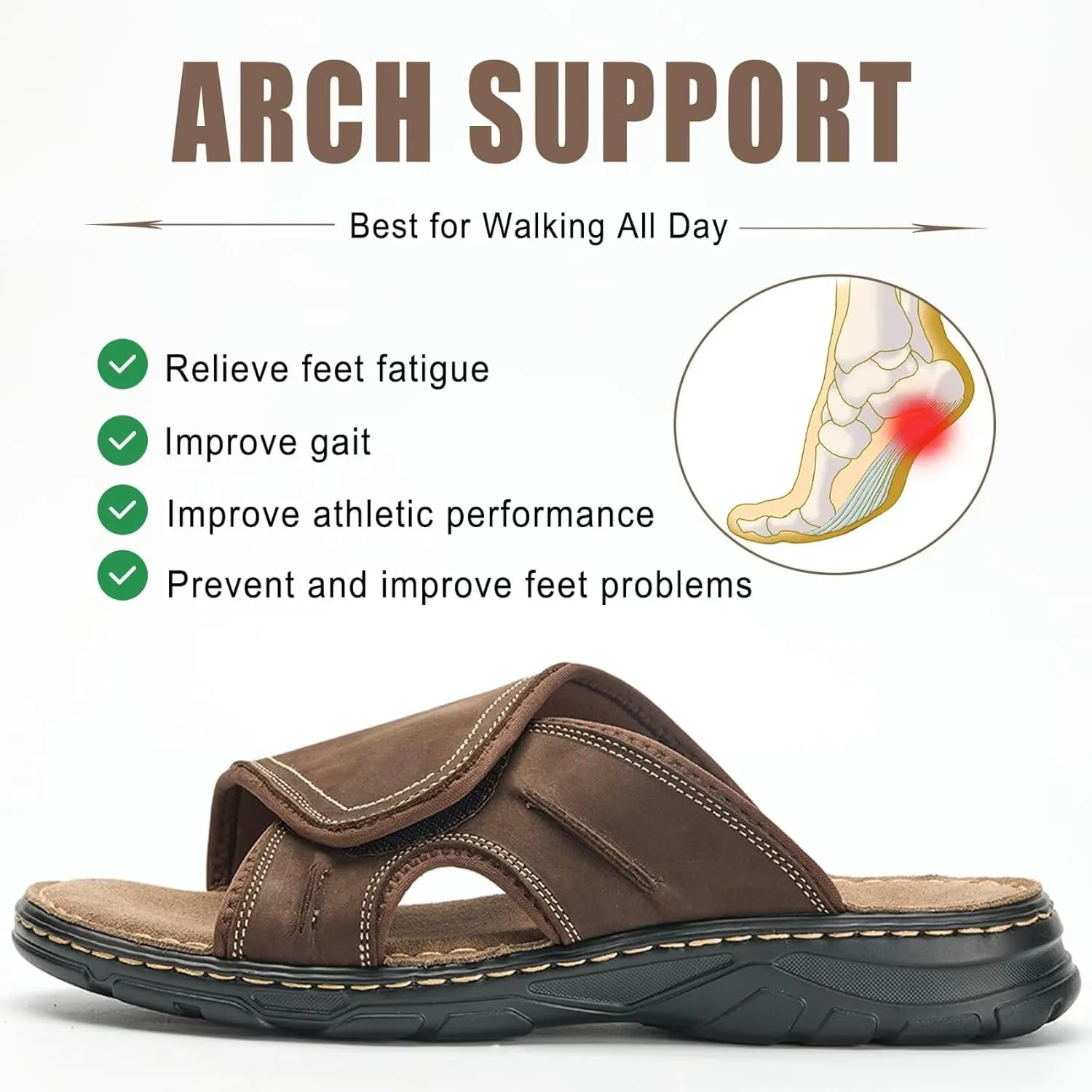 Men's Slide Sandal Open Toe Adjustable Beach Sandals with Soft Comfy Arch Support Athletic Slippers Mules