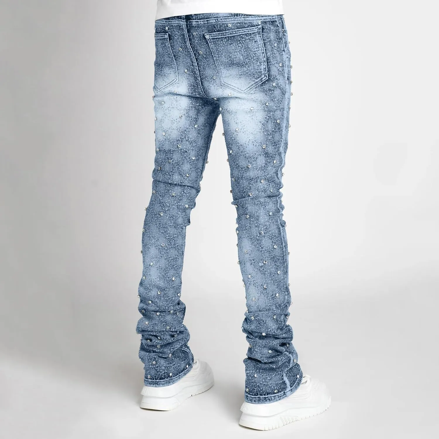 Mens Stacked Jeans Slim Fit Ripped Skinny Stretch Jeans Distressed Straight Denim Pants Hip Hop Trousers Streetwear