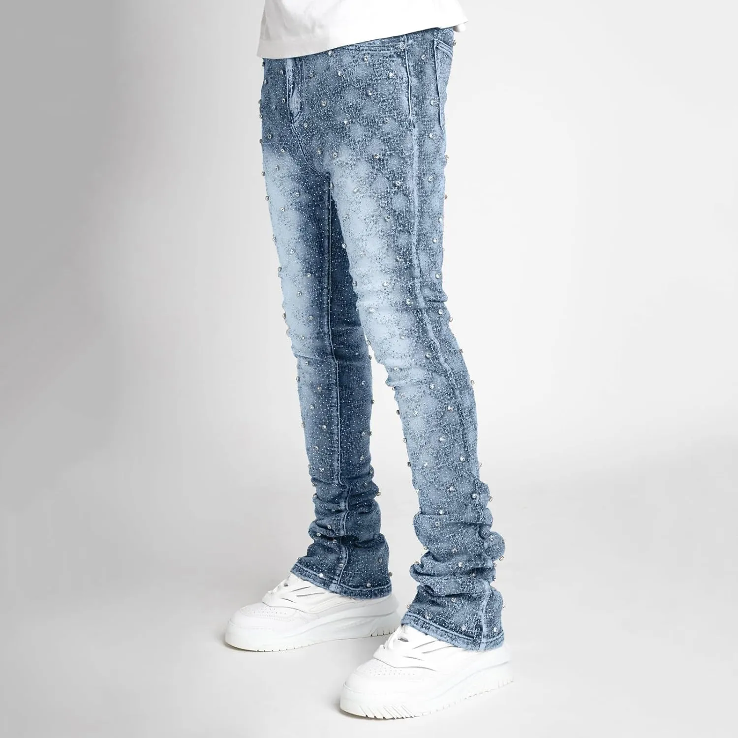 Mens Stacked Jeans Slim Fit Ripped Skinny Stretch Jeans Distressed Straight Denim Pants Hip Hop Trousers Streetwear