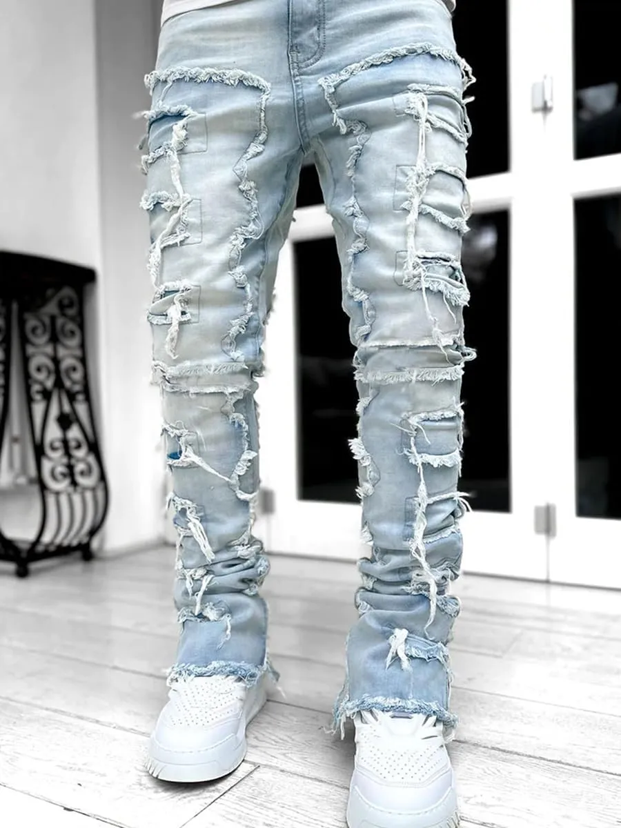 Mens Stacked Jeans Slim Fit Ripped Skinny Stretch Jeans Distressed Straight Denim Pants Hip Hop Trousers Streetwear
