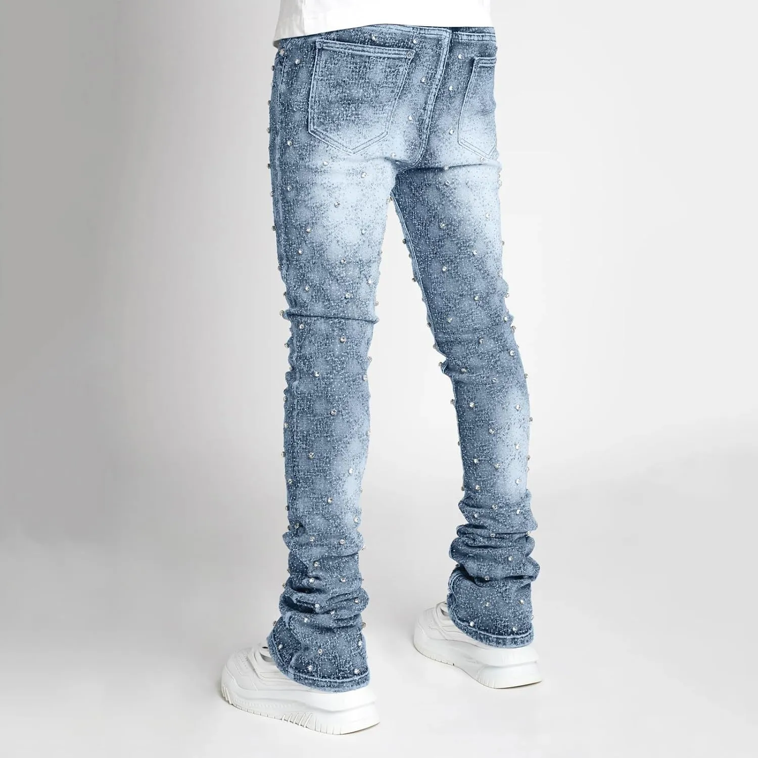 Mens Stacked Jeans Slim Fit Ripped Skinny Stretch Jeans Distressed Straight Denim Pants Hip Hop Trousers Streetwear