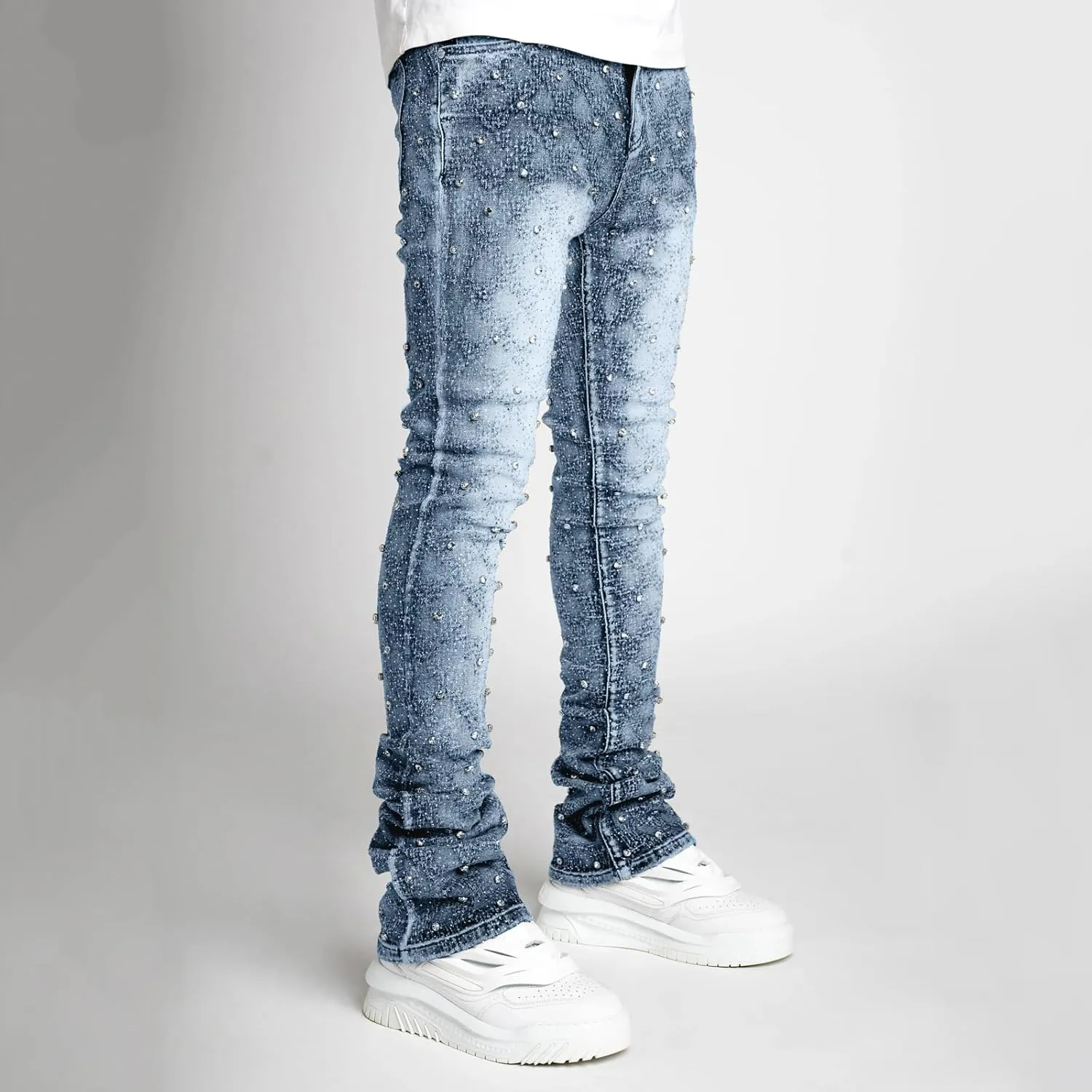 Mens Stacked Jeans Slim Fit Ripped Skinny Stretch Jeans Distressed Straight Denim Pants Hip Hop Trousers Streetwear
