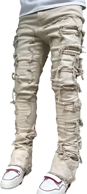 Mens Stacked Jeans Slim Fit Ripped Skinny Stretch Jeans Distressed Straight Denim Pants Hip Hop Trousers Streetwear