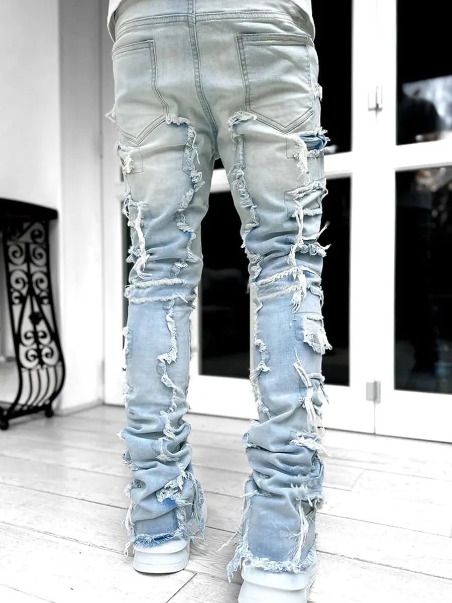 Mens Stacked Jeans Slim Fit Ripped Skinny Stretch Jeans Distressed Straight Denim Pants Hip Hop Trousers Streetwear