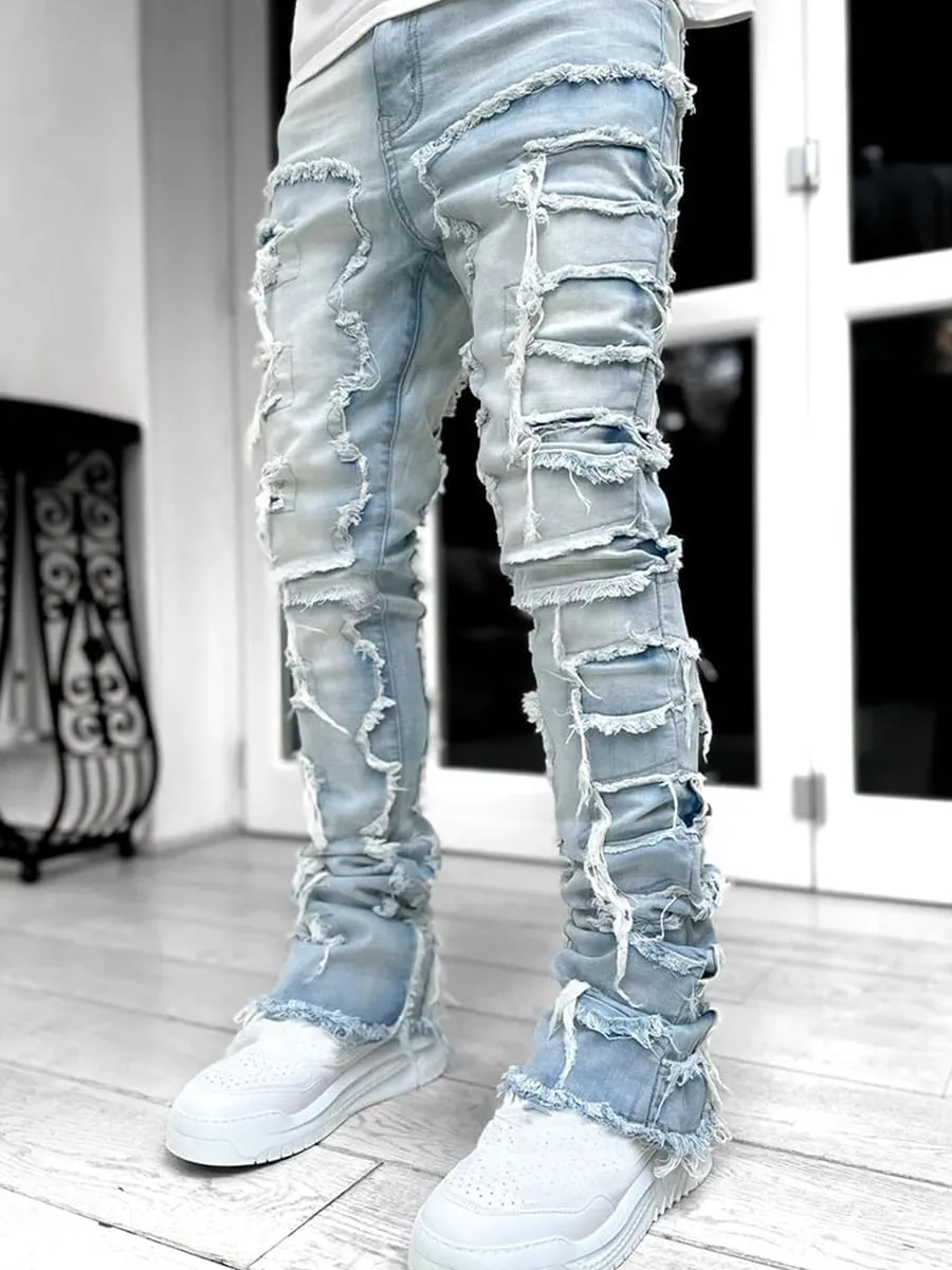 Mens Stacked Jeans Slim Fit Ripped Skinny Stretch Jeans Distressed Straight Denim Pants Hip Hop Trousers Streetwear