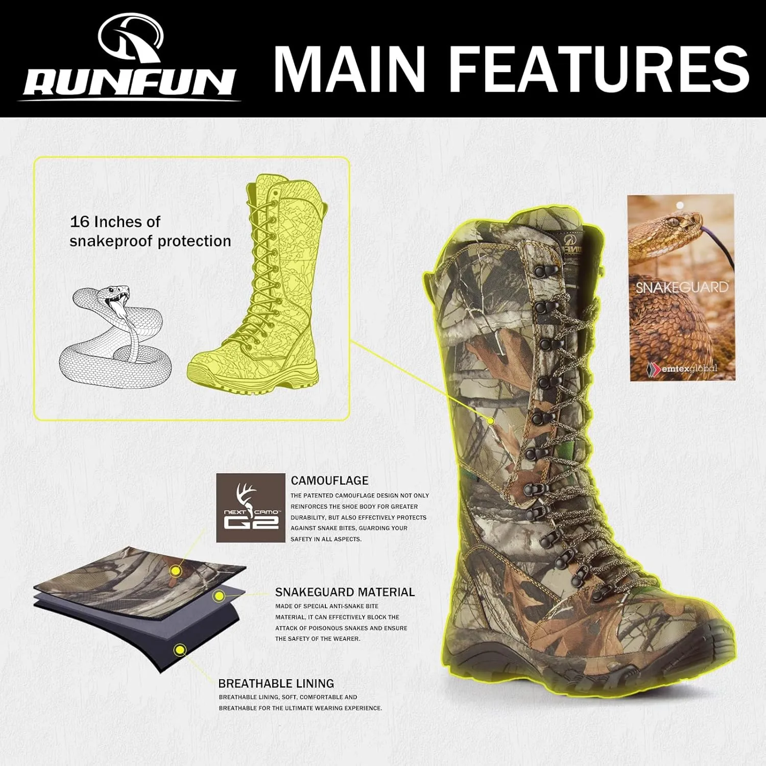 Men's Waterproof Hunting Boots Snakeproof Boots Lightweight Side-Zip Mud Boots, 16 Inches Non-slip Outdoor Shoes