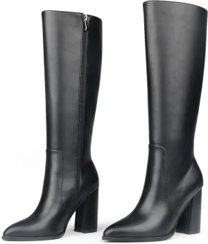 MERUMOTE Women's Black Knee High Boots Pointed Toe Chunky Heels Side Zipper Boots Black Matte US8.5