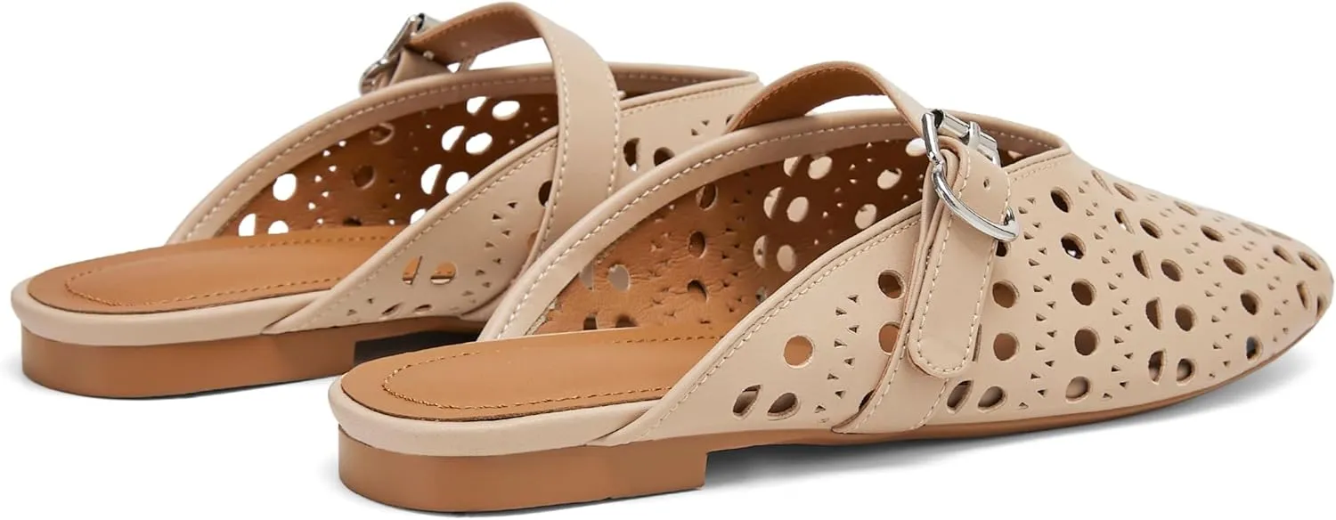 Mesh Flats Mules Sandals for Women,Women's Closed Toe Hollowing Fishnet Flat Sandals with Adjustable Ankle Strap Summer Dressy Sandals Low Heel Flats Ultra Comfortable Slip on Casual Shoes