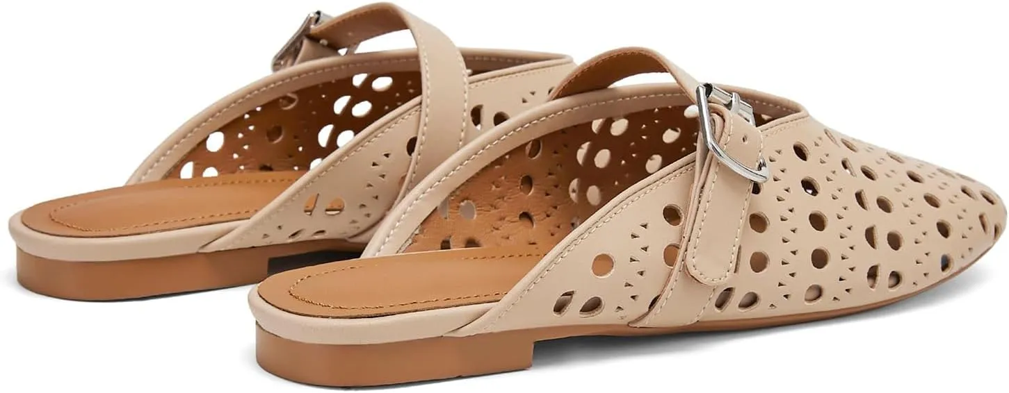 Mesh Flats Mules Sandals for Women,Women's Closed Toe Hollowing Fishnet Flat Sandals with Adjustable Ankle Strap Summer Dressy Sandals Low Heel Flats Ultra Comfortable Slip on Casual Shoes