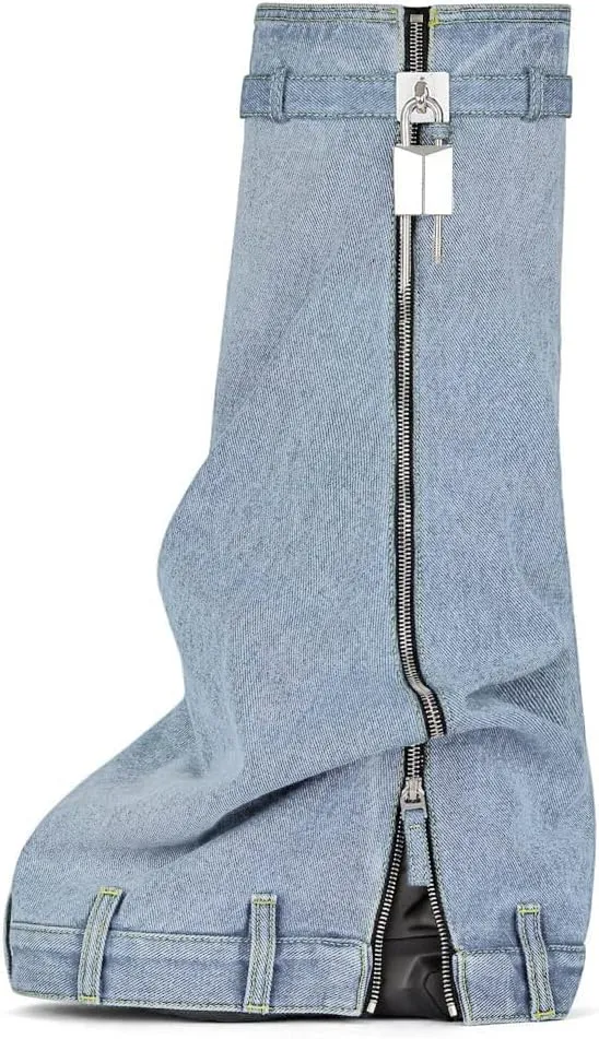 MissHeel Padlock Fold Over Platform Denim Knee High Boots