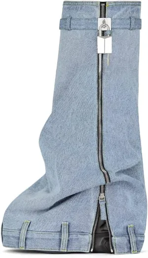 MissHeel Padlock Fold Over Platform Denim Knee High Boots