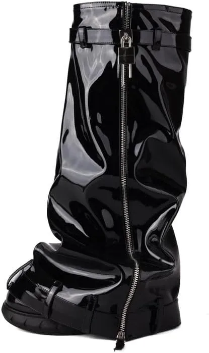 MissHeel Padlock Fold Over Platform Denim Knee High Boots