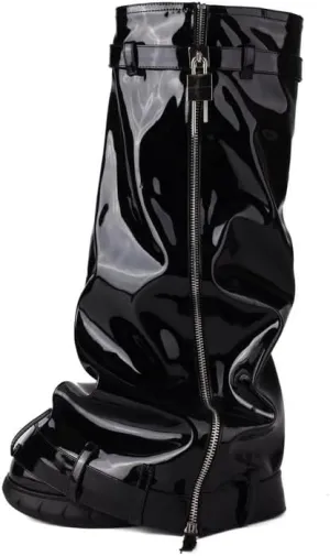 MissHeel Padlock Fold Over Platform Denim Knee High Boots