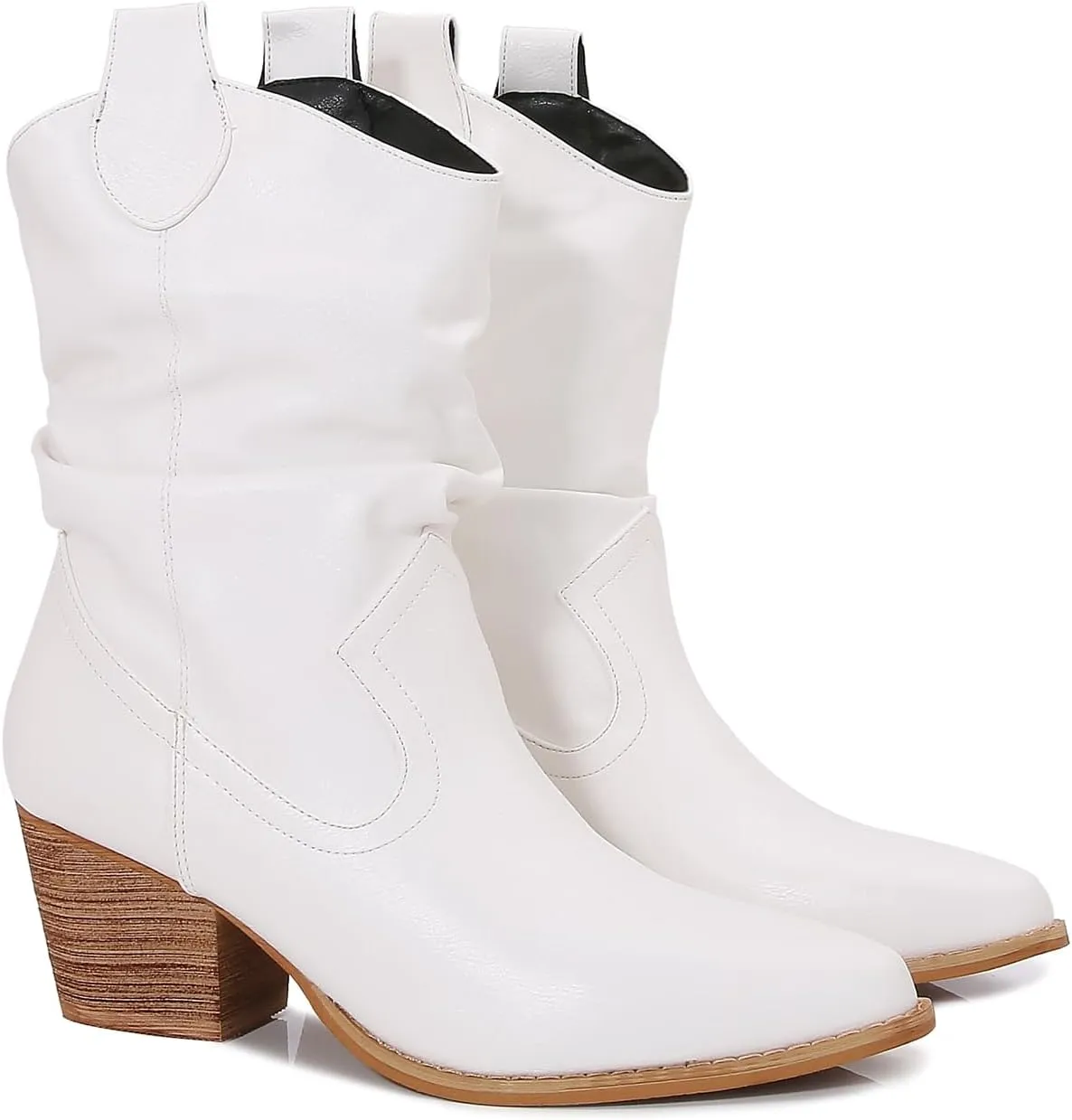 mm Women's Modern Western Short Cowboy Boot with Pull-Up Tabs, Slip On Pointed Toe Chunky Heel Cowgirl Boots for Girls Ladies Fall, Brown White Navy