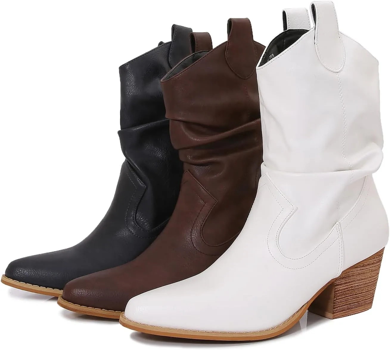 mm Women's Modern Western Short Cowboy Boot with Pull-Up Tabs, Slip On Pointed Toe Chunky Heel Cowgirl Boots for Girls Ladies Fall, Brown White Navy