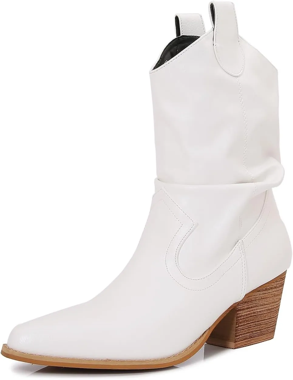 mm Women's Modern Western Short Cowboy Boot with Pull-Up Tabs, Slip On Pointed Toe Chunky Heel Cowgirl Boots for Girls Ladies Fall, Brown White Navy