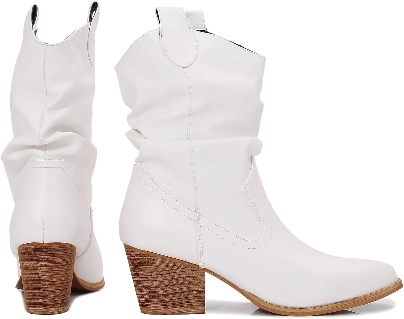 mm Women's Modern Western Short Cowboy Boot with Pull-Up Tabs, Slip On Pointed Toe Chunky Heel Cowgirl Boots for Girls Ladies Fall, Brown White Navy