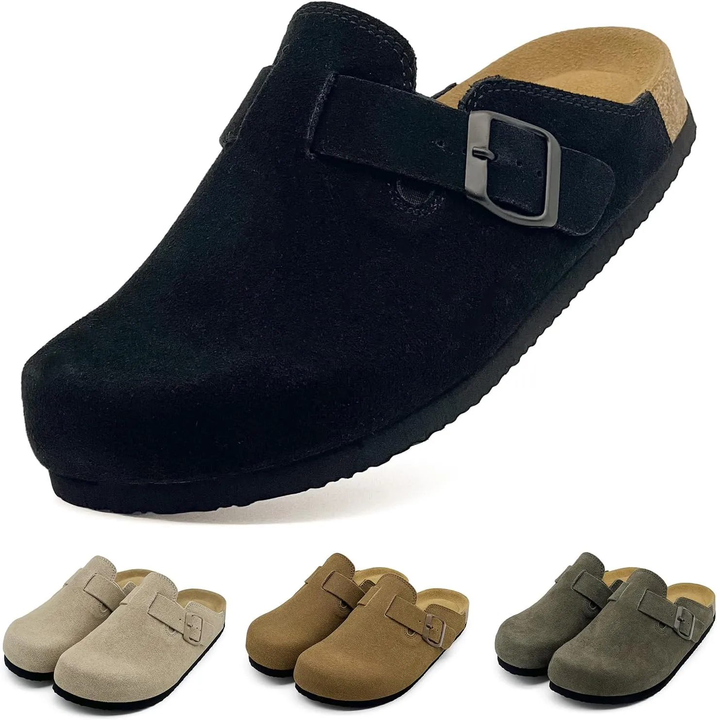 MOLATIN Clogs for Women Comfort Mens Mules and Slip ons Potato Shoes Leather Mules with Suede Cork Footbed Sandals
