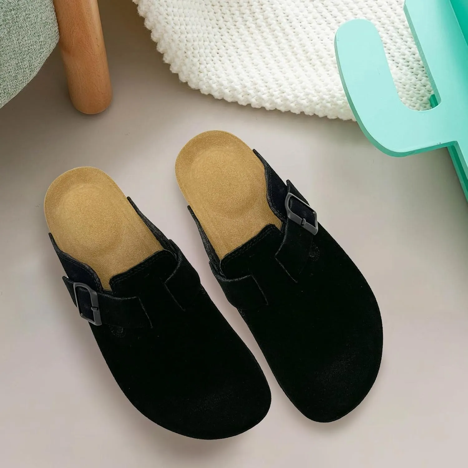 MOLATIN Clogs for Women Comfort Mens Mules and Slip ons Potato Shoes Leather Mules with Suede Cork Footbed Sandals