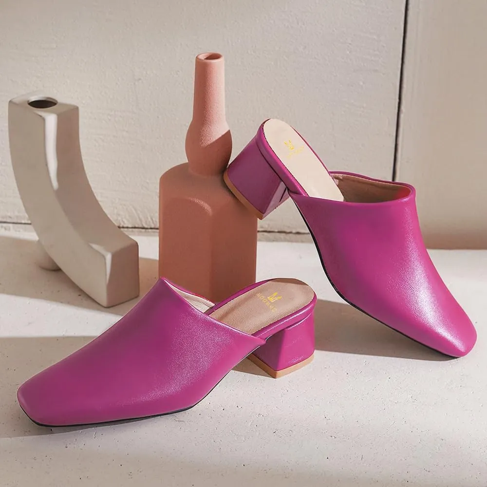 MOOMMO Women Chunky Heel Mules Closed Toe Square Toe Slip On Backless Pumps Mid Block Heel Office Casual Dress Shoes 5-17 US