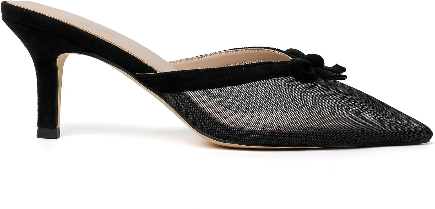 Mostrin Kitten Mules Heels for Women Pointed Closed Toe Heels Vintage Slip on Stiletto Dressy Pumps Shoes
