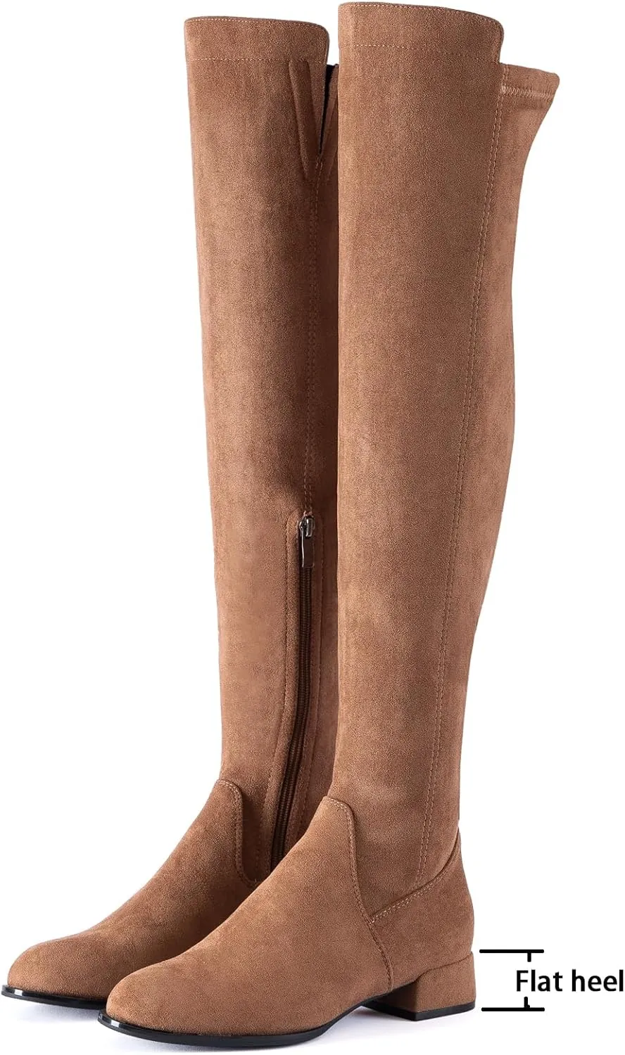 Mtzyoa Women Over The Knee Boots Suede Thigh High Low Block Heel Stretch OTK Walking Comfort