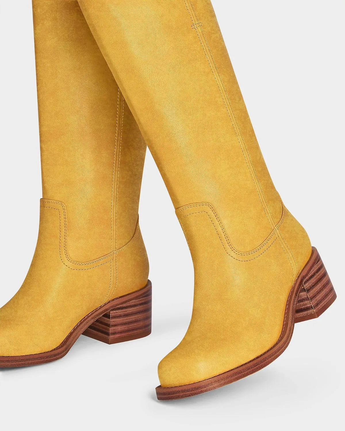 MUCCCUTE Campus Knee High Boots for Women Wide Calf Square Toe Chunky Block Low Heel Tall Long Boots Pull On