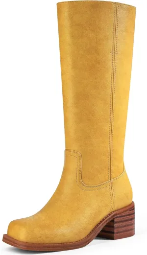 MUCCCUTE Campus Knee High Boots for Women Wide Calf Square Toe Chunky Block Low Heel Tall Long Boots Pull On