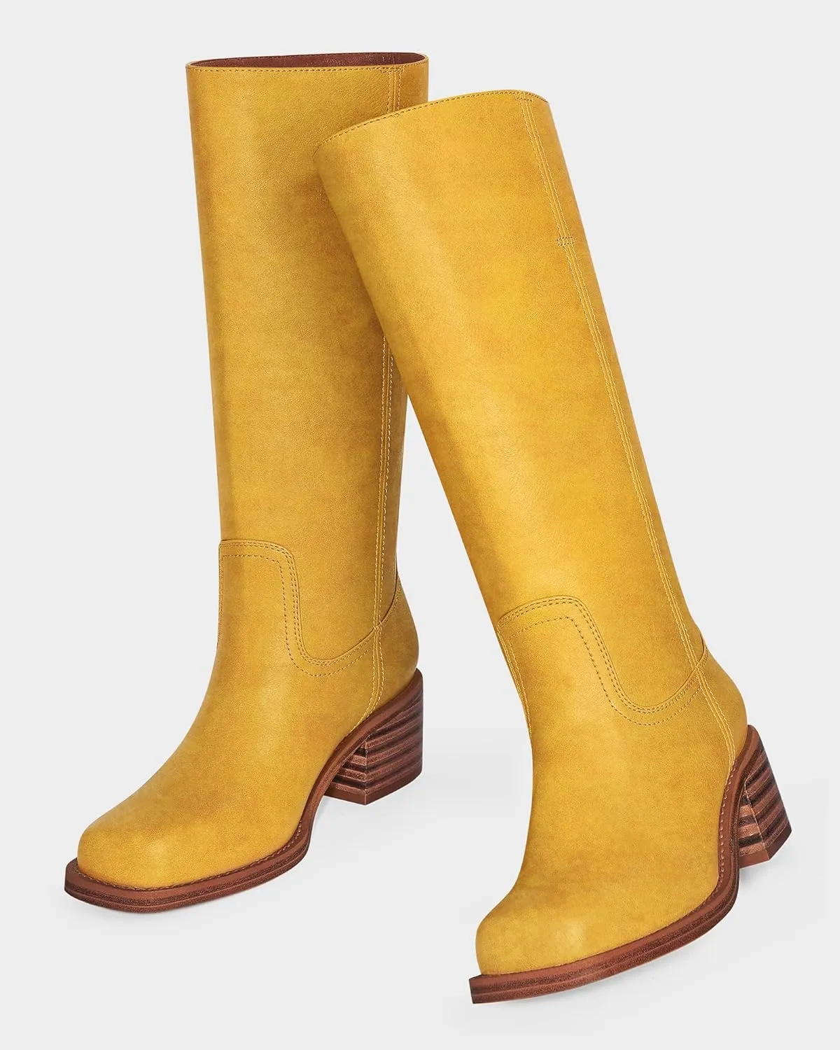 MUCCCUTE Campus Knee High Boots for Women Wide Calf Square Toe Chunky Block Low Heel Tall Long Boots Pull On