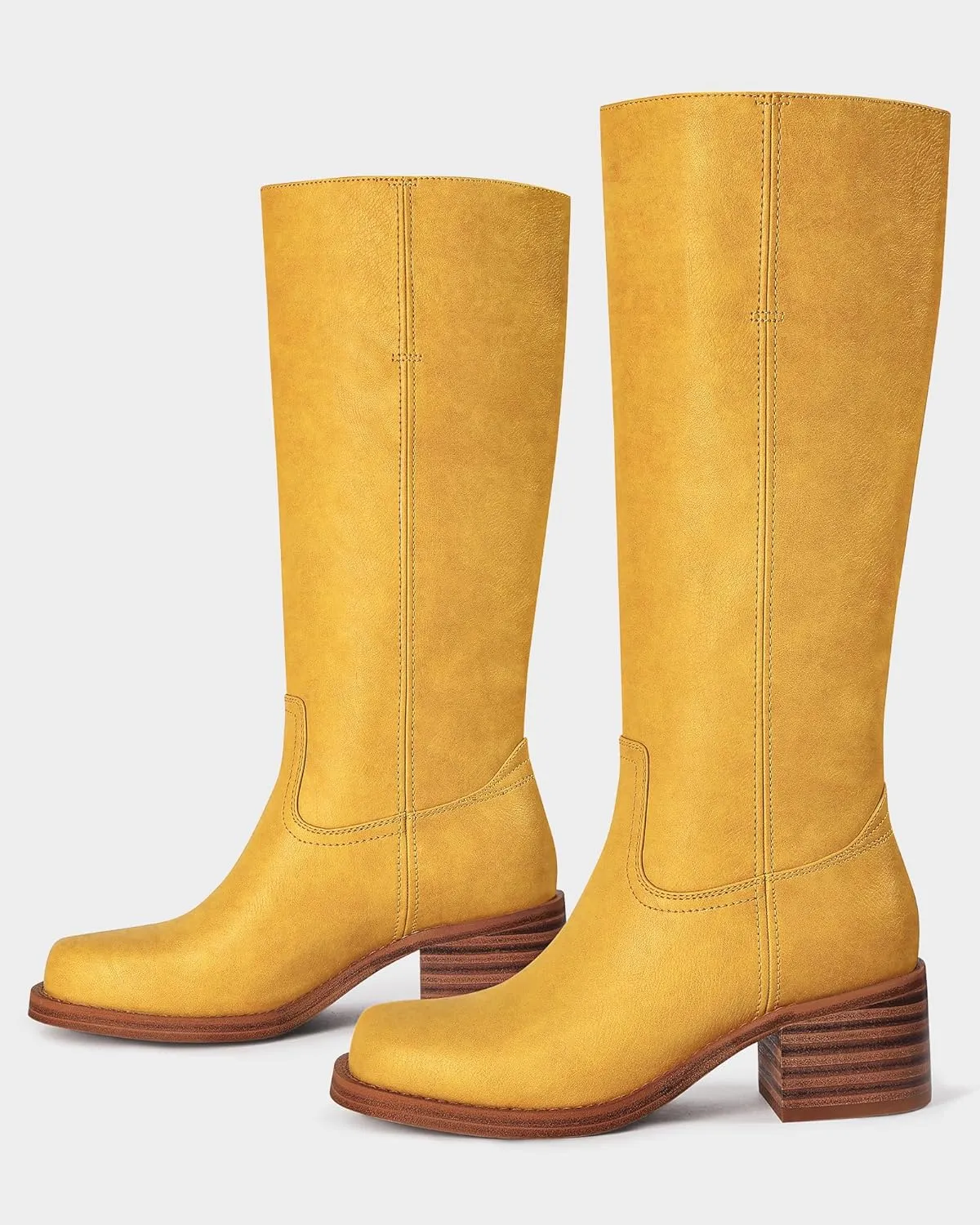 MUCCCUTE Campus Knee High Boots for Women Wide Calf Square Toe Chunky Block Low Heel Tall Long Boots Pull On