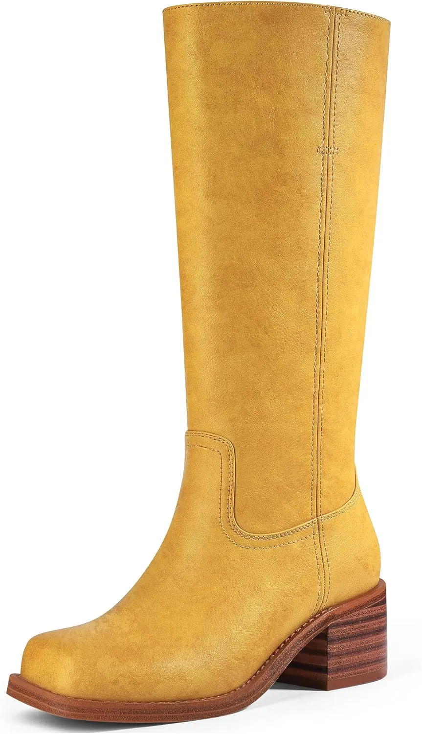 MUCCCUTE Campus Knee High Boots for Women Wide Calf Square Toe Chunky Block Low Heel Tall Long Boots Pull On