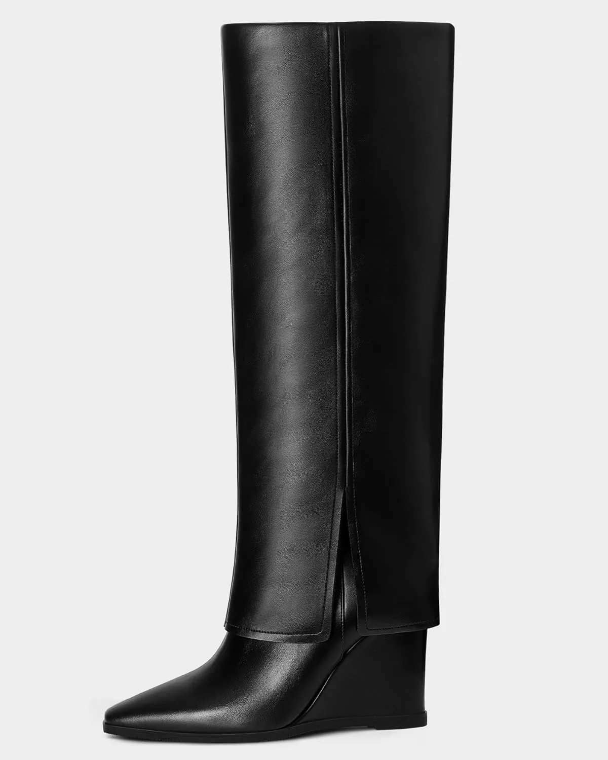 MUCCCUTE Fold Over Boots for Women - Knee High Pointed Toe Wedge Tall Boots with Full Side Zipper PU Long Boot