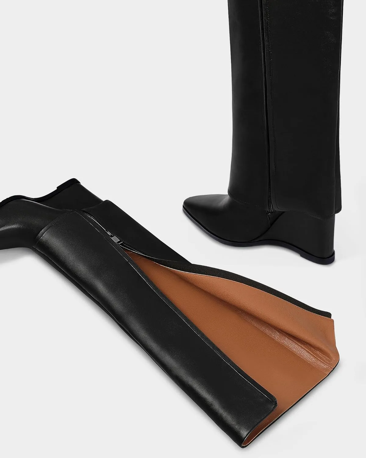 MUCCCUTE Fold Over Boots for Women - Knee High Pointed Toe Wedge Tall Boots with Full Side Zipper PU Long Boot