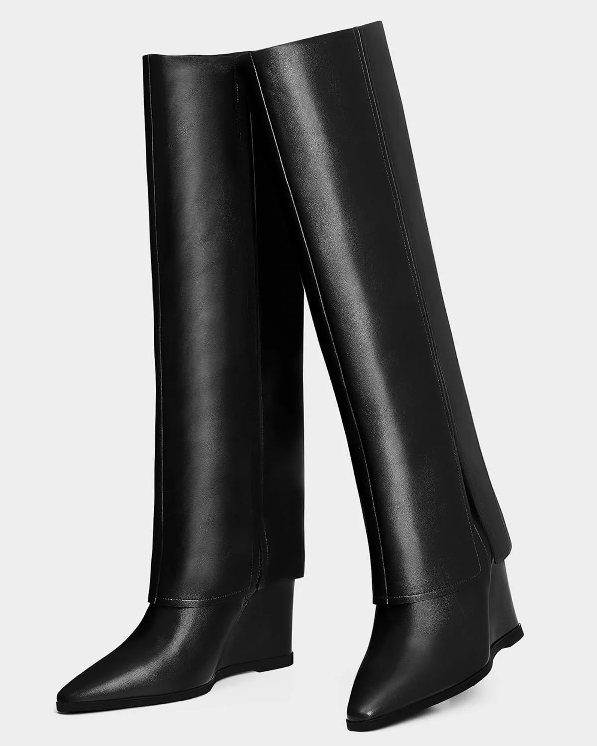 MUCCCUTE Fold Over Boots for Women - Knee High Pointed Toe Wedge Tall Boots with Full Side Zipper PU Long Boot