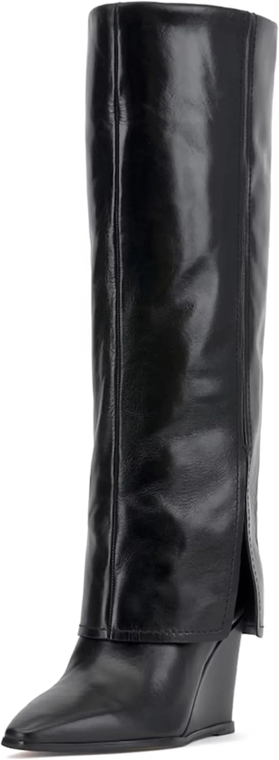 MUCCCUTE Fold Over Boots for Women - Knee High Pointed Toe Wedge Tall Boots with Full Side Zipper PU Long Boot