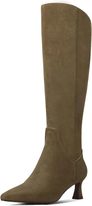 MUCCCUTE Knee High Boots for Women Kitten Heel Tall Boots Pointed Toe Slip On Sexy Fashion Long Botas with Full Side Zipper