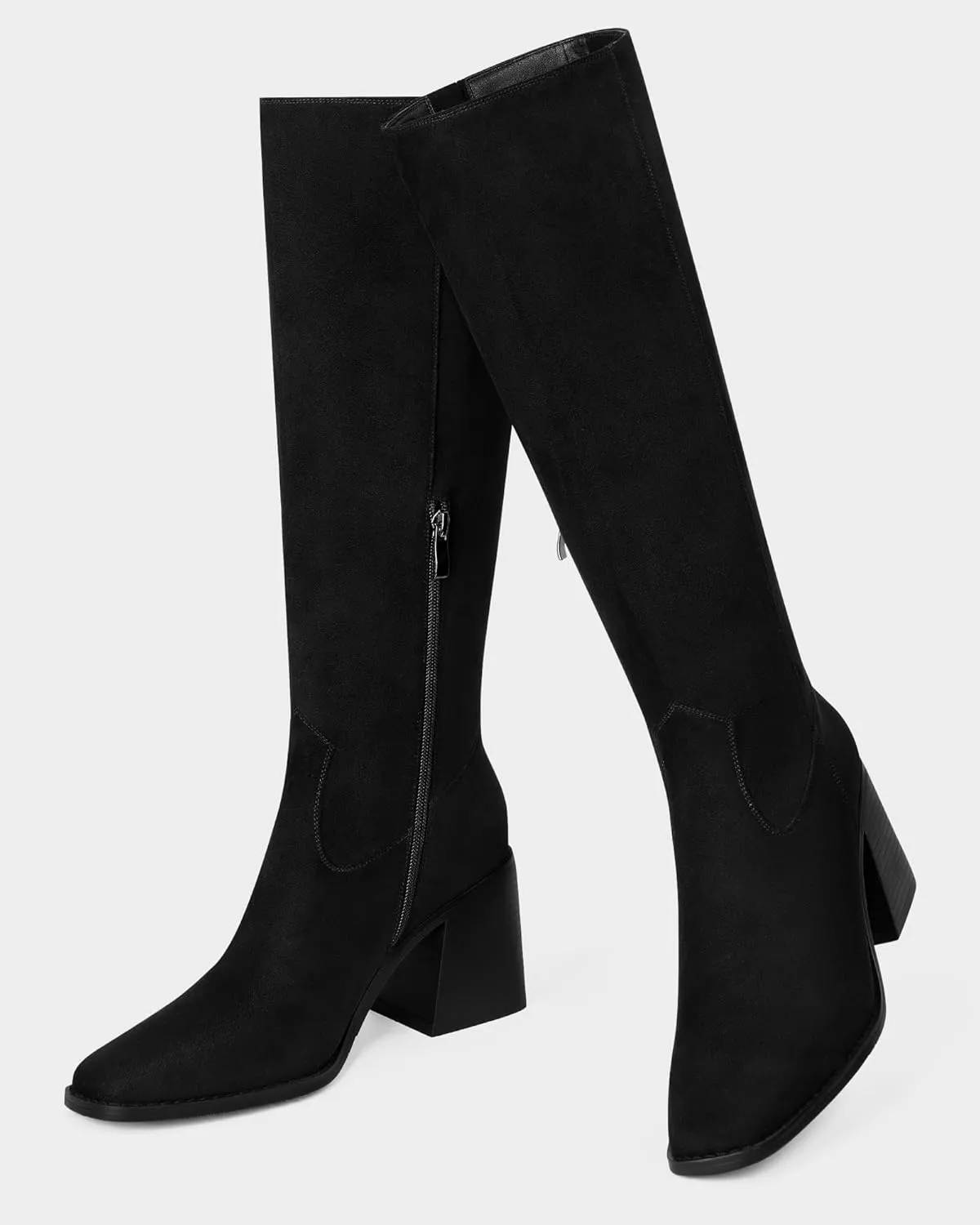 MUCCCUTE Knee High Boots for Women - Square Toe Chunky Block Heel Boots with Side Zipper Pull On Tall Boot