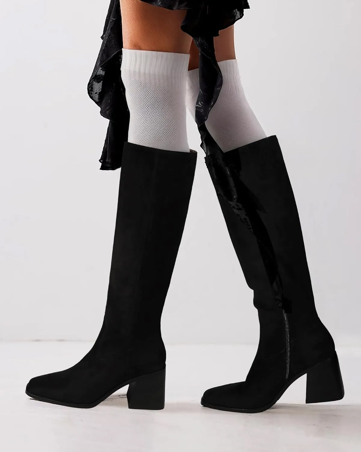 MUCCCUTE Knee High Boots for Women - Square Toe Chunky Block Heel Boots with Side Zipper Pull On Tall Boot