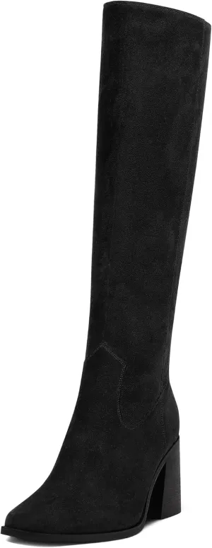 MUCCCUTE Knee High Boots for Women - Square Toe Chunky Block Heel Boots with Side Zipper Pull On Tall Boot