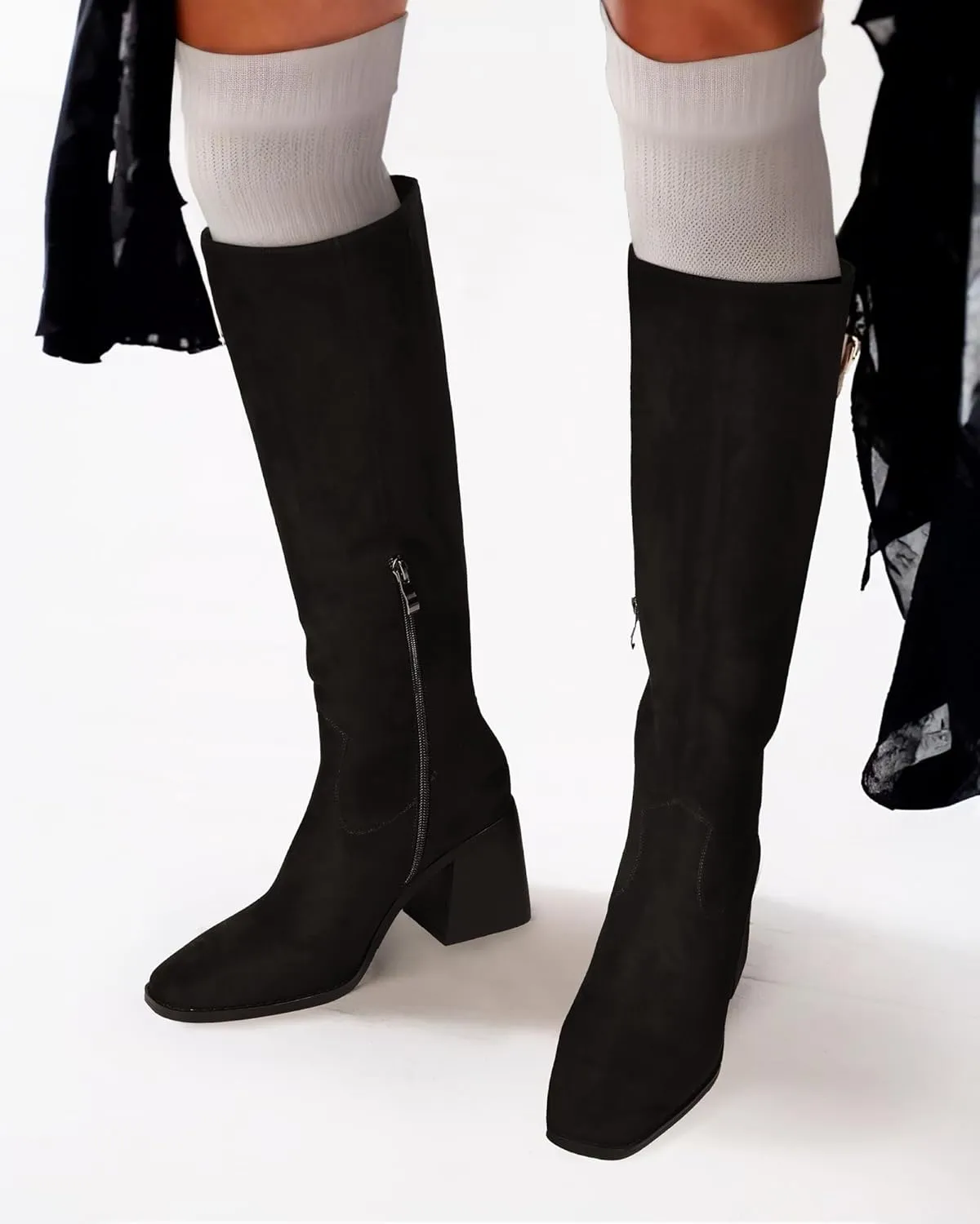MUCCCUTE Knee High Boots for Women - Square Toe Chunky Block Heel Boots with Side Zipper Pull On Tall Boot